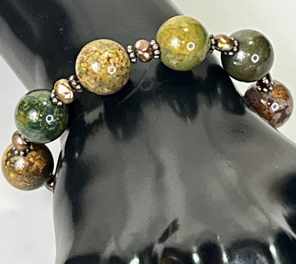 Sterling Silver Jasper Bloodstone Beaded Bracelet- Natural Gemstone Toggle Clasp